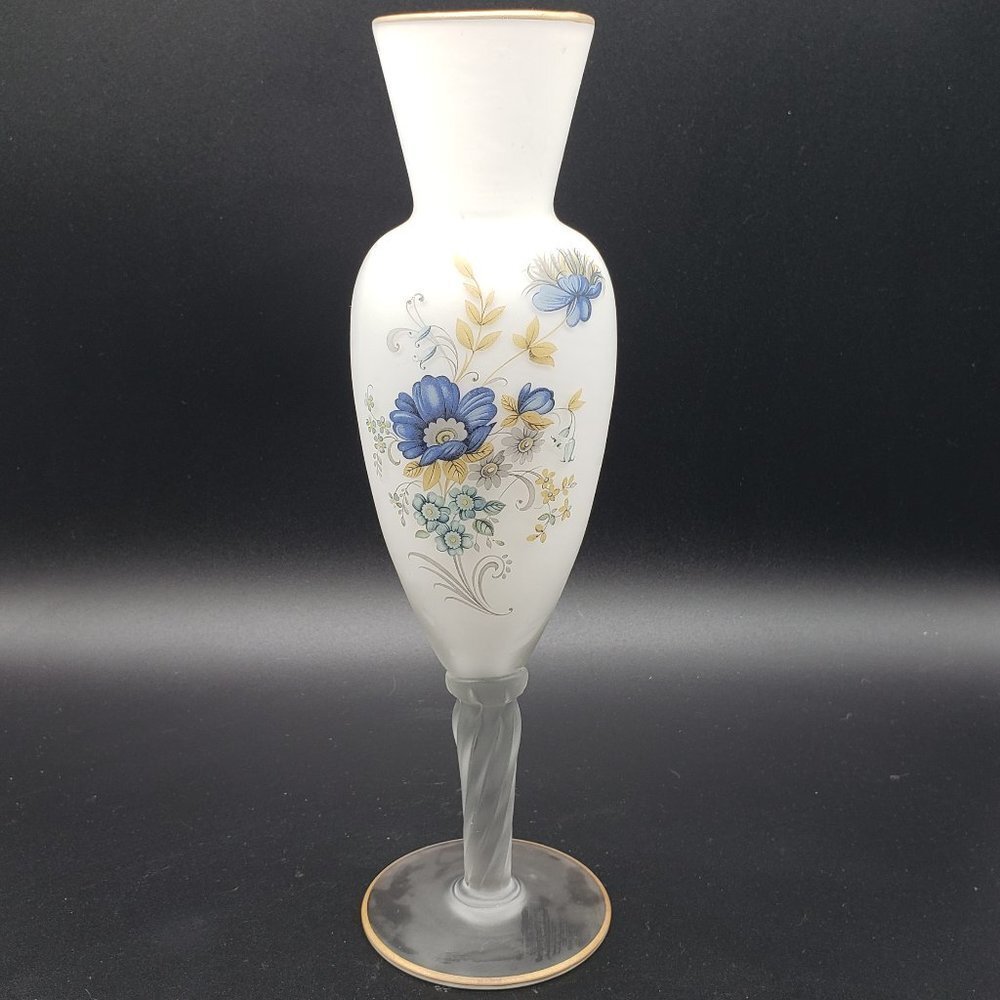Norleans Vntg Italian White Satin Blue Yellow Floral Twisted Stem Art Glass Vase